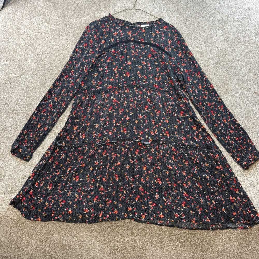 Knox Rose Womens Large Black Floral Tiered Mini Dress Long Sleeve Boho Whimsy